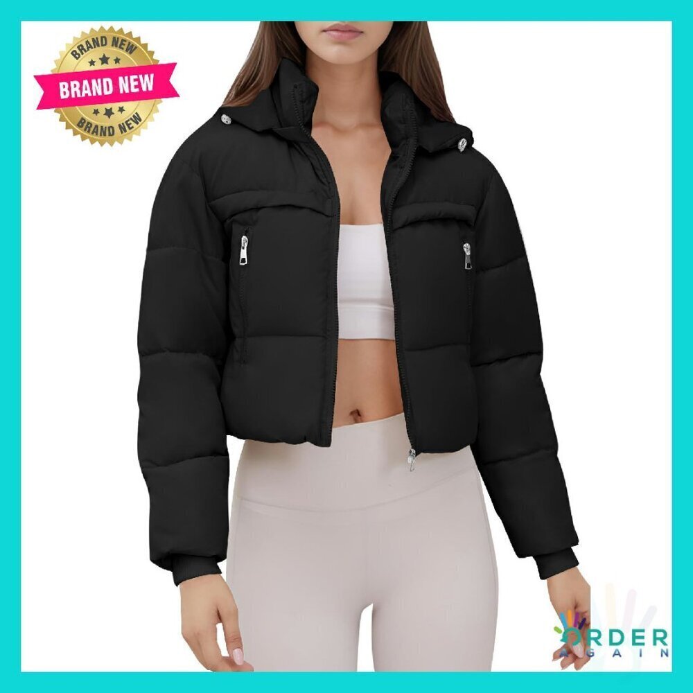 Cropped Puffer Jacket Hooded Warm Winter Coat Chic Minimal Trendy Outerwear